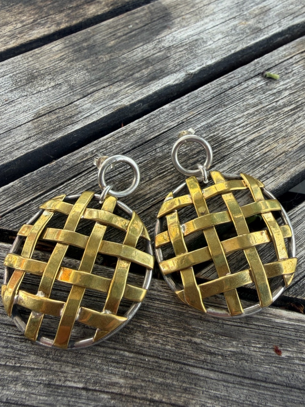 Vintage Mixed Metal Basket Weave Statement Earrings 925 Mexico